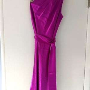 One shoulder, belted jewel tone silk dress